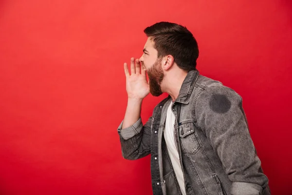 Portrait in profile of irritated bearded man in jeans jacket loo — Stock Photo, Image