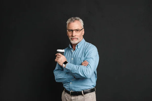 Portrait of adult man 60s with grey hair and beard posing on cam — Stock Photo, Image