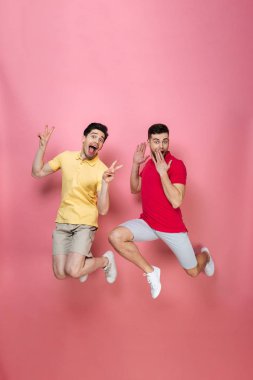 Neşeli bir gay erkek çift tam uzunlukta portresi