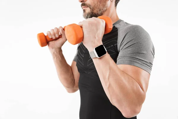 Cropped photo of strong mature sportsman make exercises with dumbbells — Stock Photo, Image
