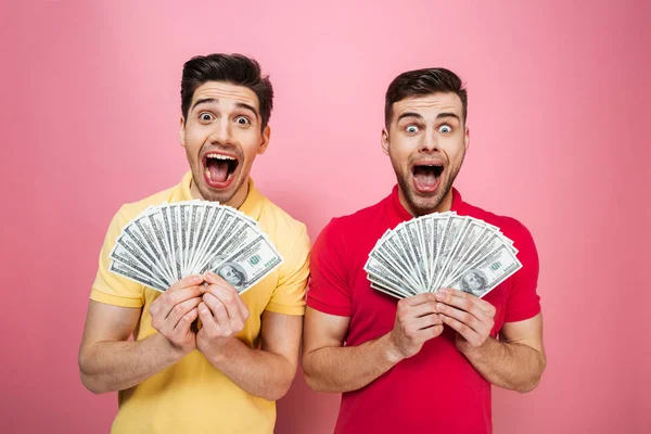 Portrait of a happy gay male couple holding money — Stock Photo, Image