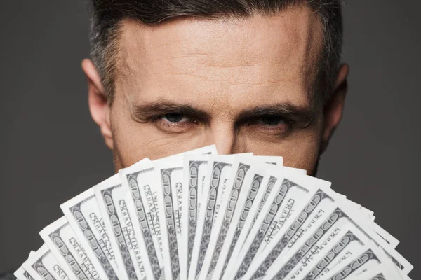 Extreme closup photo of confident man 30s holding fan of money d — Stock Photo, Image