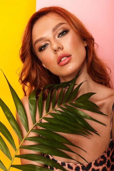 Photo of calm woman wearing leopard bikini looking at camera while standing by green plant — ストック写真