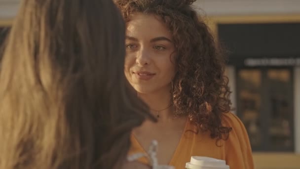 Pretty Happy Young Girl Looking Her Friend Smiling While Resting — Stock Video