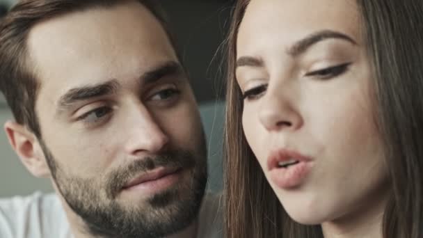 Cropped View Happy Young Lovely Couple Speaking While Sitting Home — Stock video