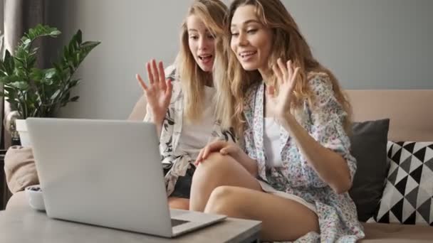 Dos Jóvenes Amigas Felices Saludando Con Las Manos Mientras Tienen — Vídeos de Stock