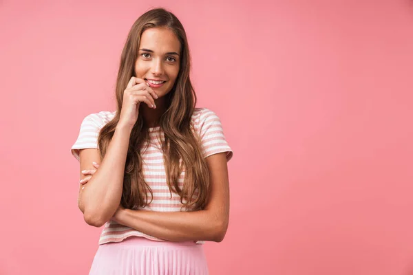 Image of pleased beautiful girl wearing striped clothes smiling — Stock Photo, Image