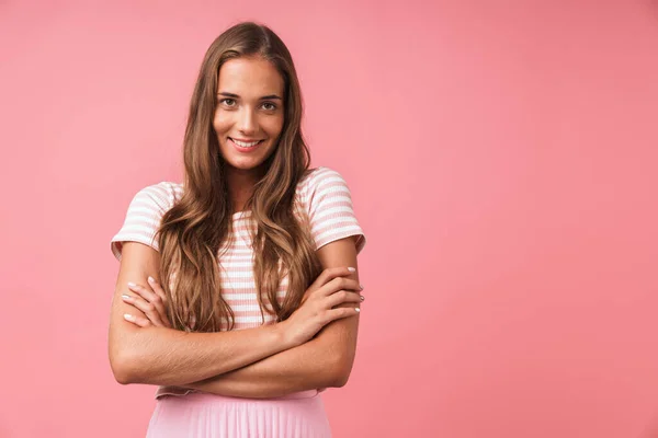 Image of positive beautiful girl wearing striped clothes smiling — Stock Photo, Image