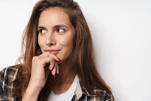 Primer plano de una joven hermosa niña con camisa a cuadros — Foto de Stock