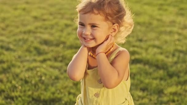 Cheerful Pretty Child Having Fun Enjoys Moment Park Outdoors — Stock Video