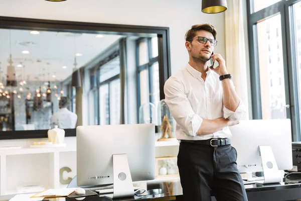 Image of confident businesslike man talking on cellphone while w — Stock Photo, Image