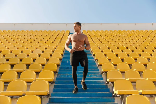 Imagen de deportista enérgico corriendo por asientos del estadio mientras hace — Foto de Stock