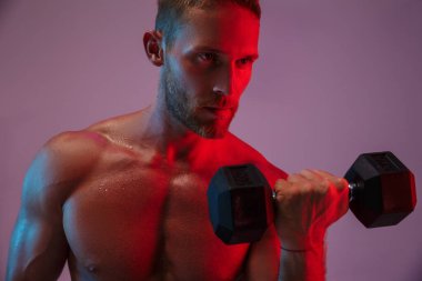 Elinde dambıl tutan sporcu egzersiz yapıyor..