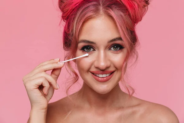 Portrait of shirtless young woman removing her makeup with cotto — Stock Photo, Image