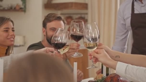 自宅でテーブルによってお祝いの家族の夕食にワイングラスでクリックして楽しい素敵な大きな家族 — ストック動画