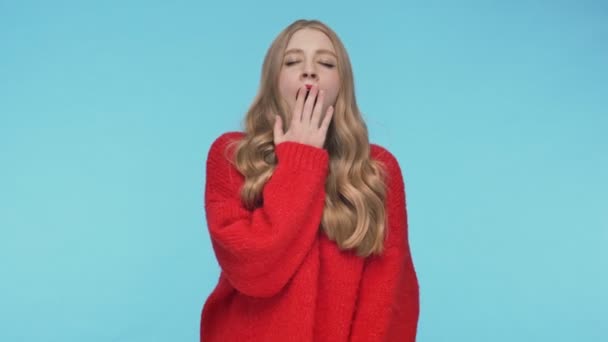 Smiling Pretty Woman Sweater Yawning Covering Her Mouth While Looking — Stock Video