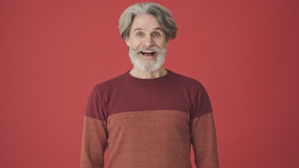 Szczęśliwy Starsi Siwy Brodaty Mężczyzna Czerwonym Swetrze Pokazując Kciuk Górę — Wideo stockowe