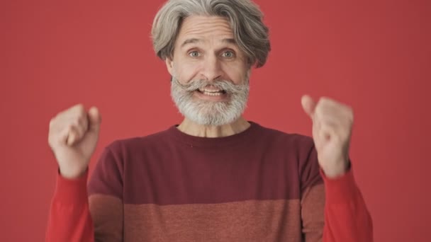 Uśmiechnięty Szczęśliwy Siwowłosy Brodaty Mężczyzna Czerwonym Swetrze Wykonujący Gest Zwycięzcy — Wideo stockowe