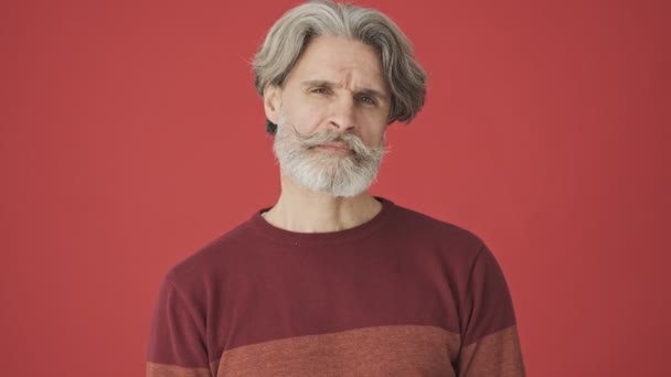 Hombre Barbudo Pelo Gris Concentrado Suéter Rojo Escuchando Luego Mostrando — Vídeo de stock