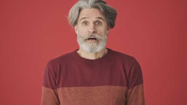 Desconcertado Hombre Barbudo Pelo Gris Suéter Rojo Encogiendo Hombros Sus — Vídeo de stock