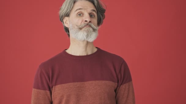 Handsome Elder Gray Haired Bearded Man Red Sweater Shaking His — Stock Video