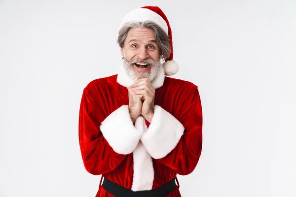 Bild des grauhaarigen Weihnachtsmannes Claus alter Mann in rotem Kostüm expressi — Stockfoto