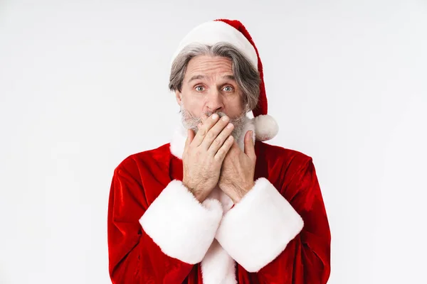 Bild des Weihnachtsmannes in rotem Kostüm, der seinen Mund mit — Stockfoto