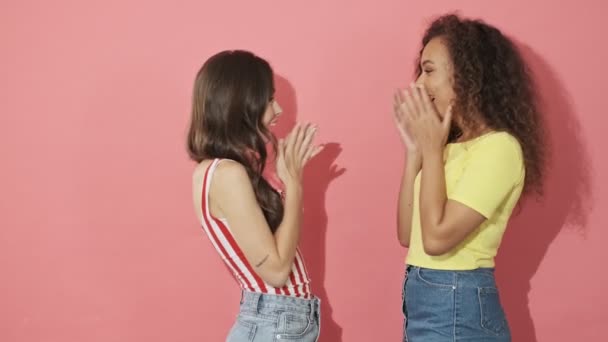 Duas Meninas Bonitas Felizes Amigos Abraçando Beijando Enquanto Encontram Sobre — Vídeo de Stock