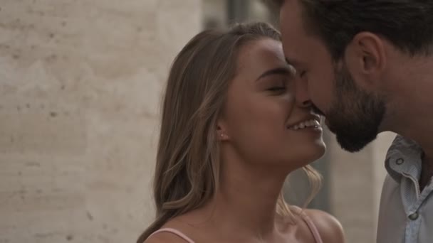 Attractive Couple Kissing While Standing City Street Summer — Stock Video