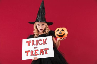 Karnaval cadılar bayramı kostümlü ciddi küçük cadı kız.