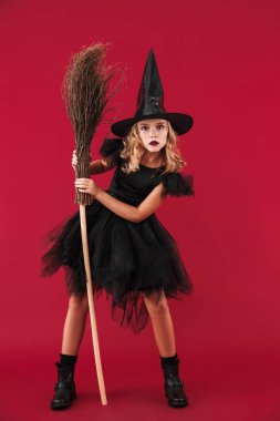 Cadılar bayramı kostümlü cadı kırmızı duvarın üzerinde izole edilmiş.