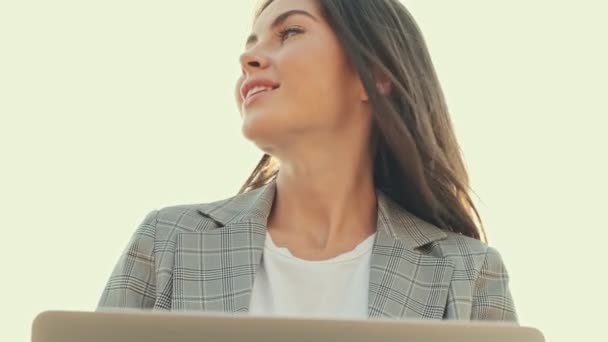 Bottom View Happy Smiling Girl Looking Side While Using Laptop — 비디오