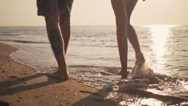 Cropped Back View Couple Feet Walking Seashore — Stockvideo