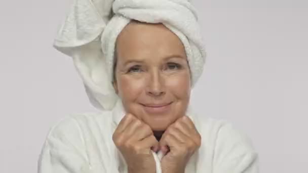 Attractive Adult Woman Wearing Bathrobe Towel Her Head Smiling Isolated — Stock Video