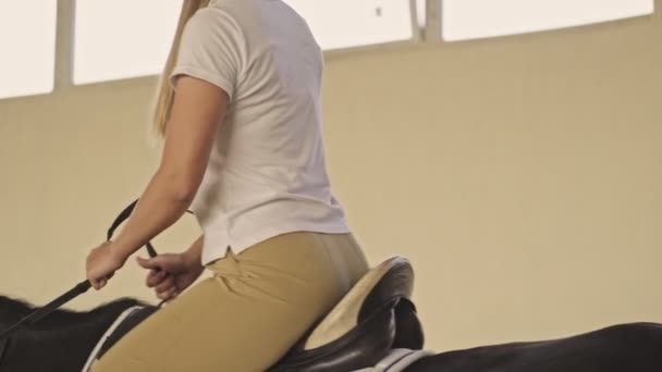 Ausgeschnittene Ansicht Eines Blonden Jungen Mädchens Reitkleidung Reitet Auf Einem — Stockvideo