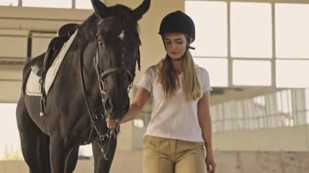 Uma Adolescente Jóquei Vestindo Roupas Equitação Está Andando Com Cavalo — Vídeo de Stock