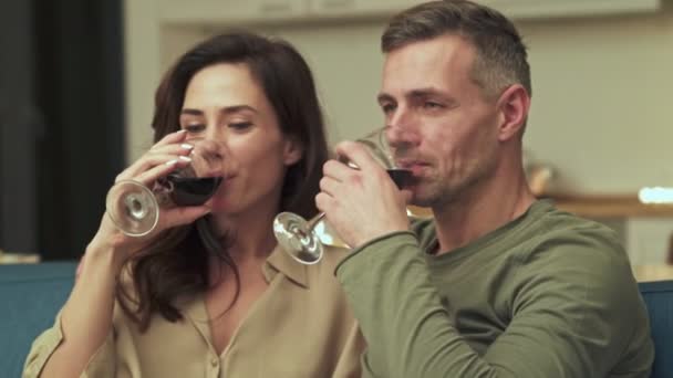 魅力的なカップルは自宅でソファの上でロマンチックな設定でワインを飲む — ストック動画