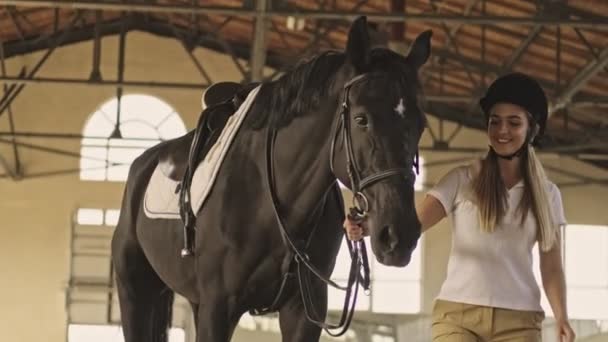 Uma Adolescente Jóquei Vestindo Roupas Equitação Vai Subir Cavalo Estábulo — Vídeo de Stock