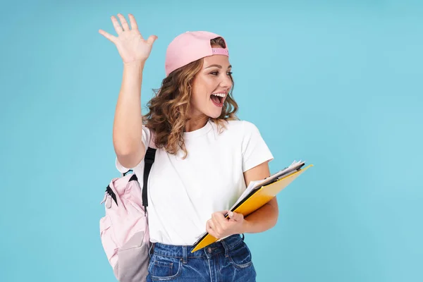 Alegre bonito menina estudante carregando mochila — Fotografia de Stock