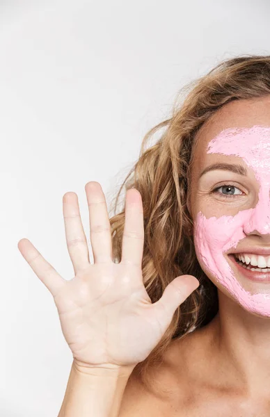 Cropped image of cheerful woman laughing while showing her palm — Stock Photo, Image