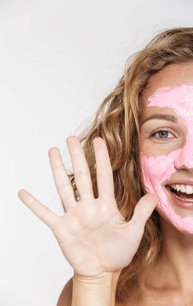 Cropped image of cheerful woman laughing while showing her palm — Stock Photo, Image