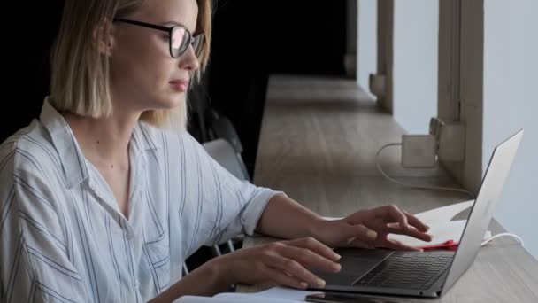Μια Σοβαρή Ήρεμη Νεαρή Επιχειρηματίας Φορώντας Γυαλιά Χρησιμοποιεί Laptop Της — Αρχείο Βίντεο