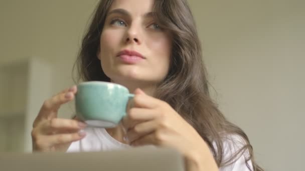 Pretty Positive Young Woman Using Laptop Computer While Drinking Coffee — ストック動画