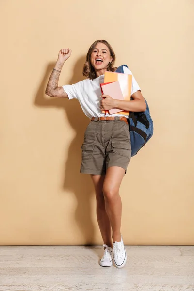 Image Happy Teen Girl Carrying Backpack Smiling Holding Exercise Books — Stockfoto