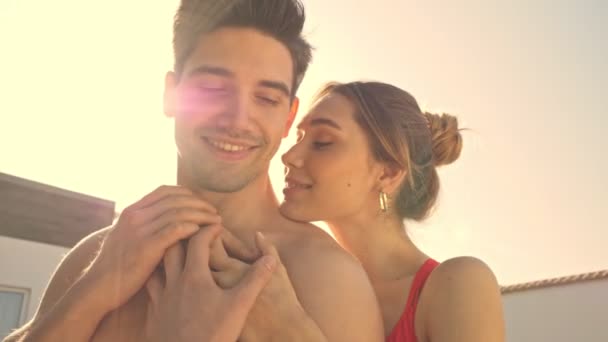 Smiling Couple Hugging While Standing Yard Villa — Stock Video