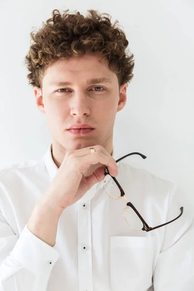 Close Handsome Confident Young Curly Haired Businessman Wearing White Shirt — Stock Photo, Image