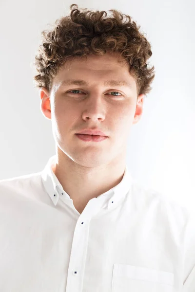 Close Handsome Confident Young Curly Haired Businessman Wearing White Shirt — Stock Photo, Image