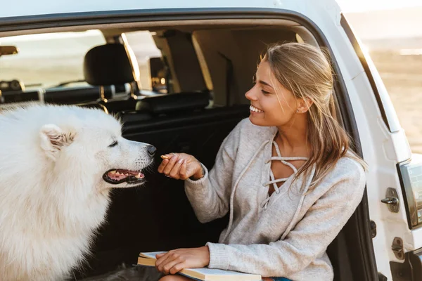 Εικόνα Της Θετικής Ευχαριστημένος Νεαρή Γυναίκα Σκυλί Samoyed Εξωτερικούς Χώρους — Φωτογραφία Αρχείου
