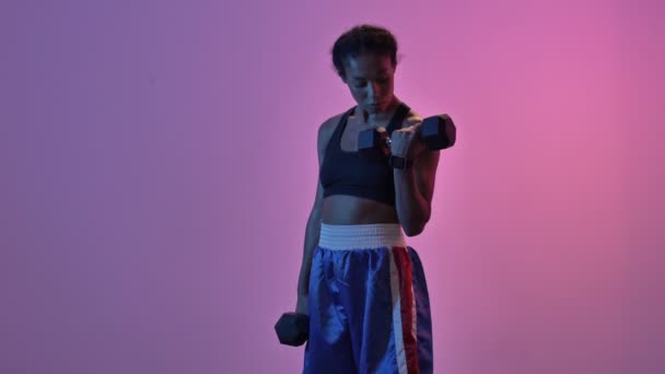 Concentrated African Sports Woman Doing Exercise Dumbbells Isolated Led Flashlights — Stock Video