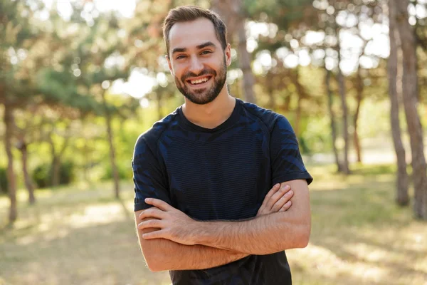 Image Young Strong Happy Cheery Sports Man Posing Outdoors Nature — Stock Photo, Image